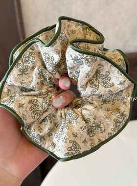 新中式绿色碎花双层大肠发圈女高级感慵懒风头绳皮筋高弹力发饰品
