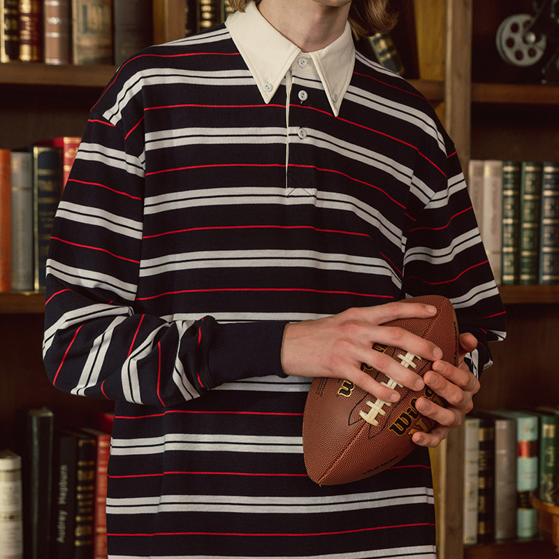 KUFFYLINK 条纹纽扣领橄榄球衫长袖青春免烫流行拼色休闲百搭ivy - 图1