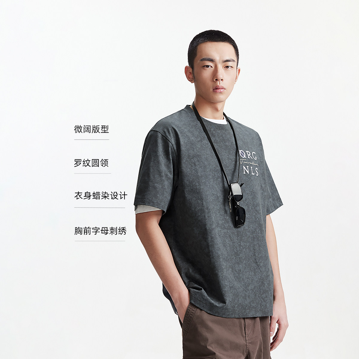 杰克琼斯夏季新款废土T简约宽松做旧刺绣字母重磅纯棉短袖T恤男装