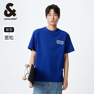 杰克琼斯夏季新款美式棋盘格宽松大码情侣装潮纯棉短袖T恤男装