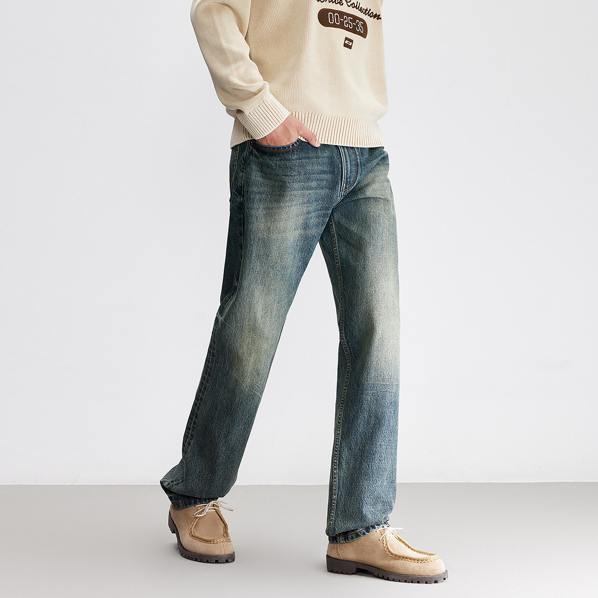 杰克琼斯秋冬季男装时尚百搭直筒牛仔裤长裤子水洗猫须设计男款