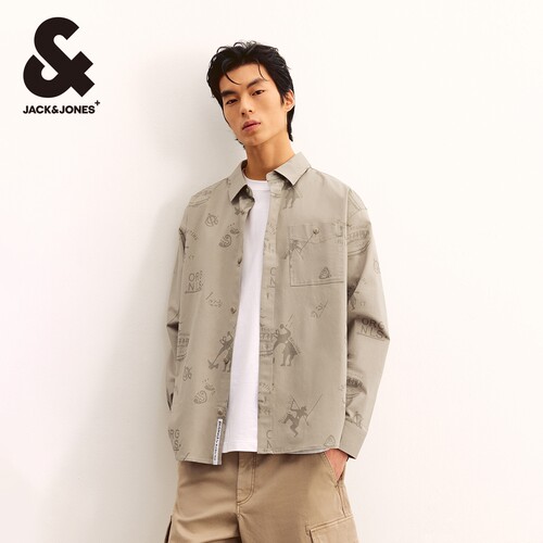 杰克琼斯男装春季新款休闲潮流百搭舒适衣身图案满印翻领衬衫外套 - 图3