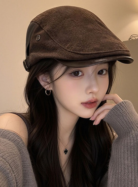 2026新款美式复古麂皮绒前进帽女夏秋冬老钱风百搭显脸小画家帽子