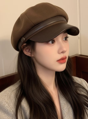 2026款美拉德棕色英伦风复古八角帽女秋冬贝雷帽显脸小百搭画家帽