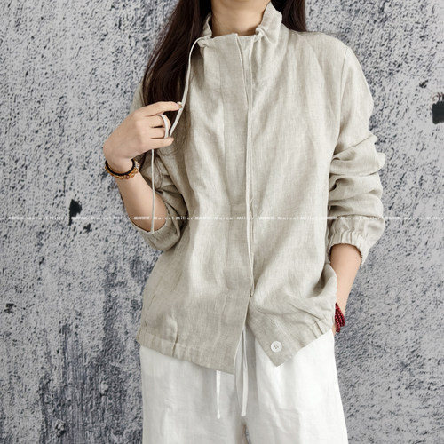 100% 汉麻系带立领外套 原麻色慵懒风通勤上衣开衫天然透气不闷汗 - 图1