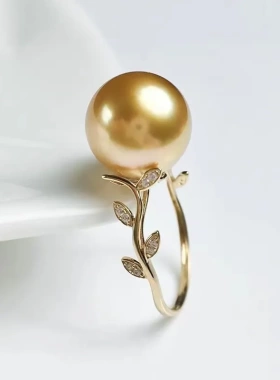 海水南洋金珠珍珠戒指浓金色优雅气质树叶款女 送给女友