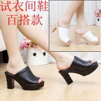 Fitting Room Shoes New Pint Waterproof Bench Coarse Heel High Heel Black & White Slippers Women Genuine Leather sandals Slippers Bull Leather Slippers