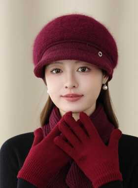 秋冬季仿水貂毛针织鸭舌帽女士保暖妈妈帽时尚中老年贝雷帽配围巾