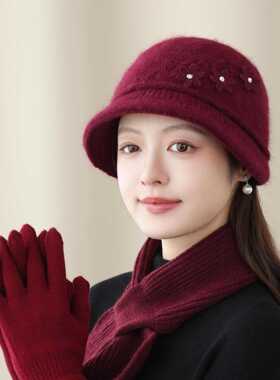 秋冬兔毛针织帽女中老年妈妈保暖盆帽花朵装饰围巾手套三件套洋气