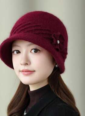 秋冬季兔毛混纺针织盆帽女中老年妈妈保暖护耳渔夫帽气质百搭花朵