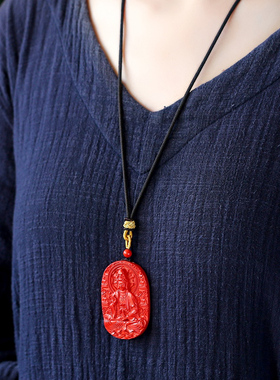 朱砂原石南海观音菩萨吊坠男项链