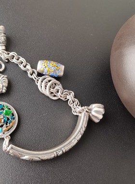 半镯烧蓝50克左右S925纯银复古民族做旧女生原创设计手串手链礼物