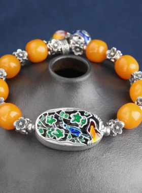 31.6克天然琥珀蜜蜡景泰蓝重工手串泰银纯银做旧复古手链节日礼物