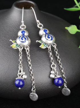 12.3克天然青金石泰银925纯银葫芦流苏耳环耳钉耳饰品原创