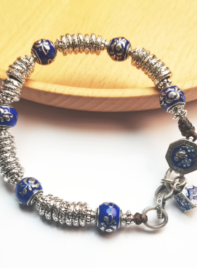 38.6克S925纯银珐琅手链牡丹珠多圈圈环复古民族国风秤心如意手串