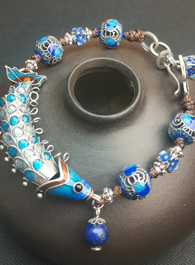 新40克S925纯银烧蓝小龙鱼手工原创设计复古手链民族风格珠子手