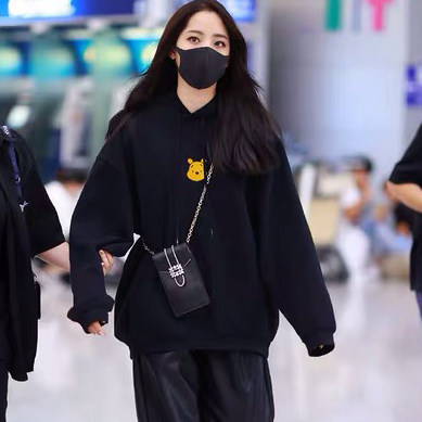 欧阳娜娜明星同款卫衣韩版小熊宽松黑色连帽女2024秋冬学生bf套头