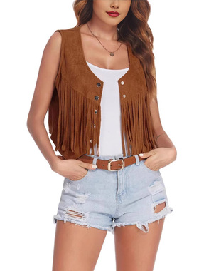 Women's retro short tassel casual vest女复古短款流苏休闲马甲