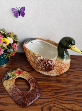 出口优品纯手绘釉下彩陶瓷鸭子纸巾盒茶几抽纸盒餐桌美式纸抽盒