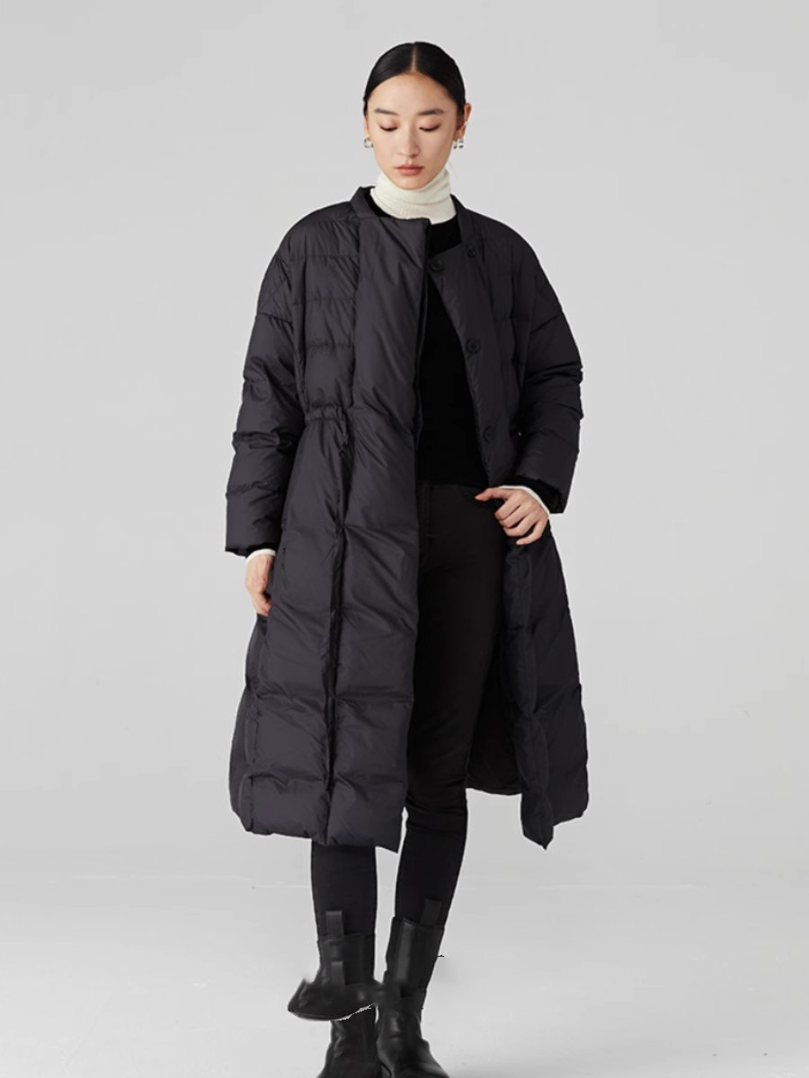 2025冬季新款收腰显瘦黑色羽绒服中长款白鹅绒轻薄保暖伞裙式外套 - 图2