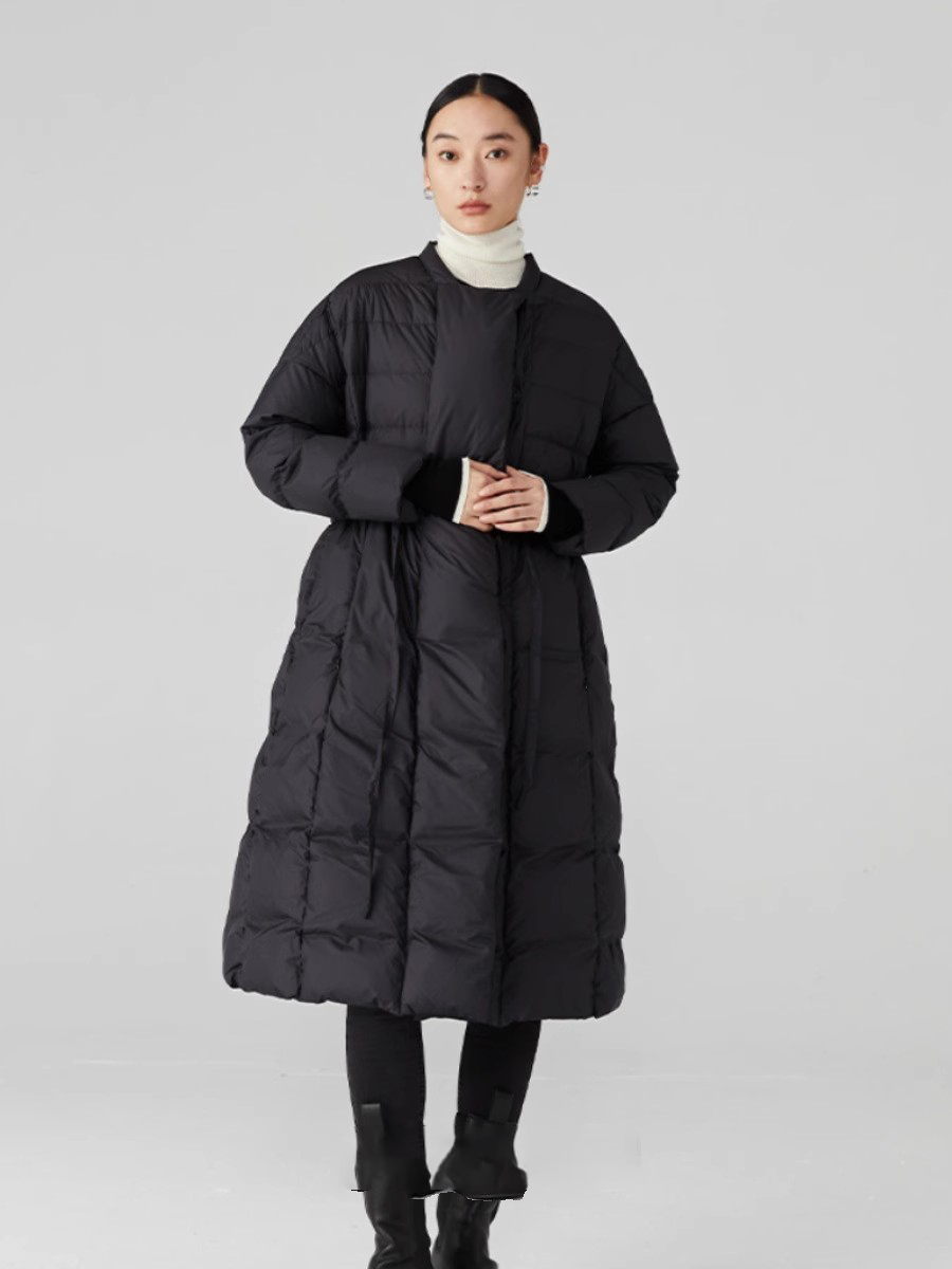 2025冬季新款收腰显瘦黑色羽绒服中长款白鹅绒轻薄保暖伞裙式外套 - 图0