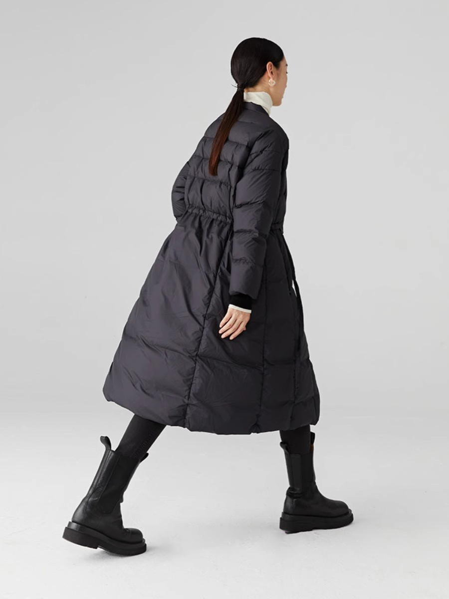 2025冬季新款收腰显瘦黑色羽绒服中长款白鹅绒轻薄保暖伞裙式外套 - 图3