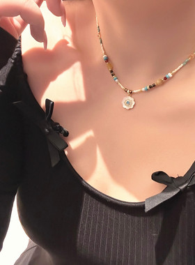 古少女感彩色串珠太阳花项链女