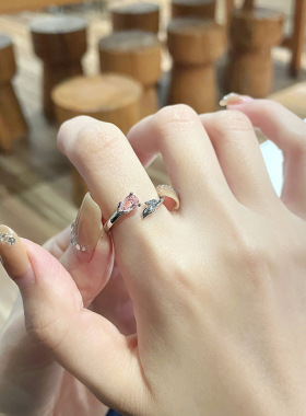 粉色锆石玫瑰花爱心戒指女甜美