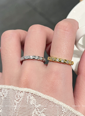 镶钻玫瑰金银色菱形戒指女