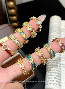 设计师款国潮风油画花朵戒指女