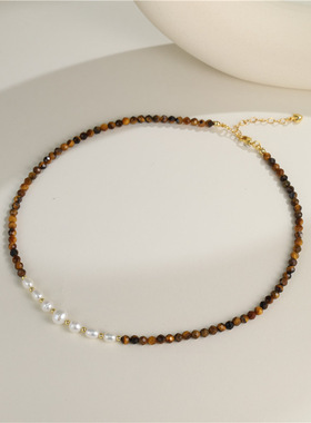 通勤百搭珍珠虎眼石转运珠锁骨链