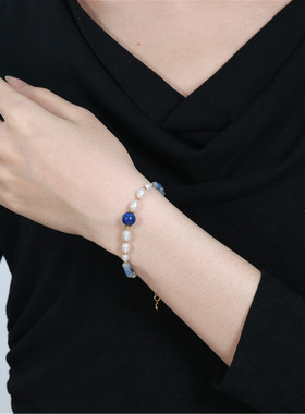 轻奢蓝色水晶珍珠手链女百搭日常