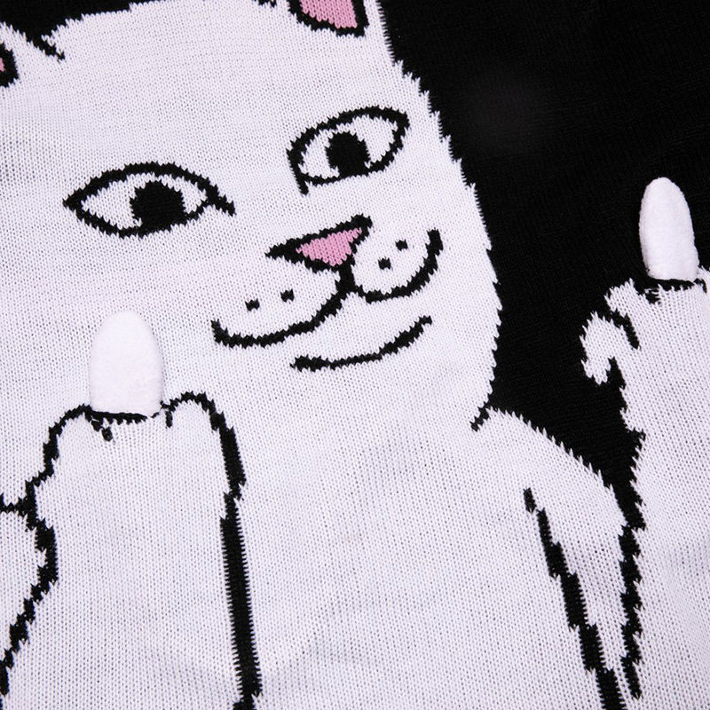 美国潮牌RIPNDIP 贱猫中指猫毛衣针织衫男女情侣款会竖中指的猫-RIPNDIP 