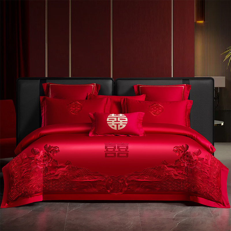 新婚红色婚庆四件套全棉大红色结婚床品套件喜庆被套床单床上用品,淘宝优惠券,粉丝福利购,淘宝优惠卷