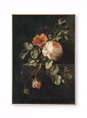 美式小众艺术装饰画法式复古玄关夜色花园古典油画风玫瑰花仅画芯