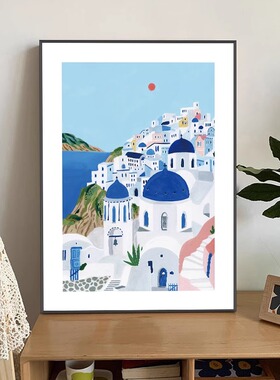 清新插画海岸与山景卧室装饰画芯