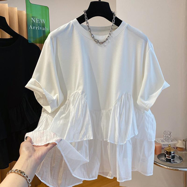 Extra large size 2-300 pounds ruffled splicing short-sleeved T-shirt for women summer fat mm loose design niche chic top