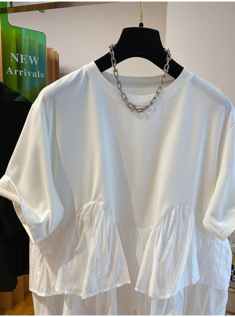 Extra large size 2-300 pounds ruffled splicing short-sleeved T-shirt for women summer fat mm loose design niche chic top