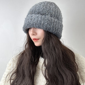 冬季保暖羊毛圈针织毛线帽女渐变色时尚包头护耳滑雪帽显脸小冷帽