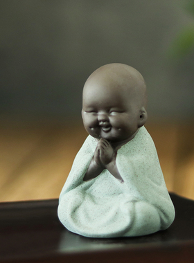 宜兴紫砂弥勒佛茶宠摆件小和尚家居陶瓷可爱笑佛招财盆景鱼缸装饰