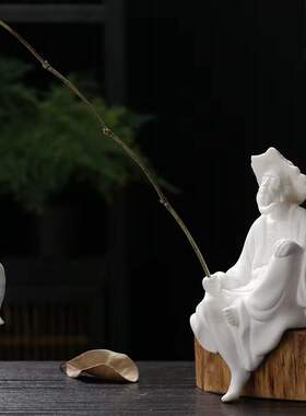 陶瓷姜太公钓鱼摆件微景观钓鱼渔翁人物鱼缸水族箱流水器造景装饰