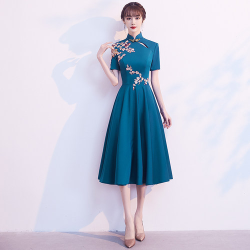 蓝色妈妈婚宴晚礼服女高级感气质宴会轻奢小众高端中式婚礼敬酒服 - 图1