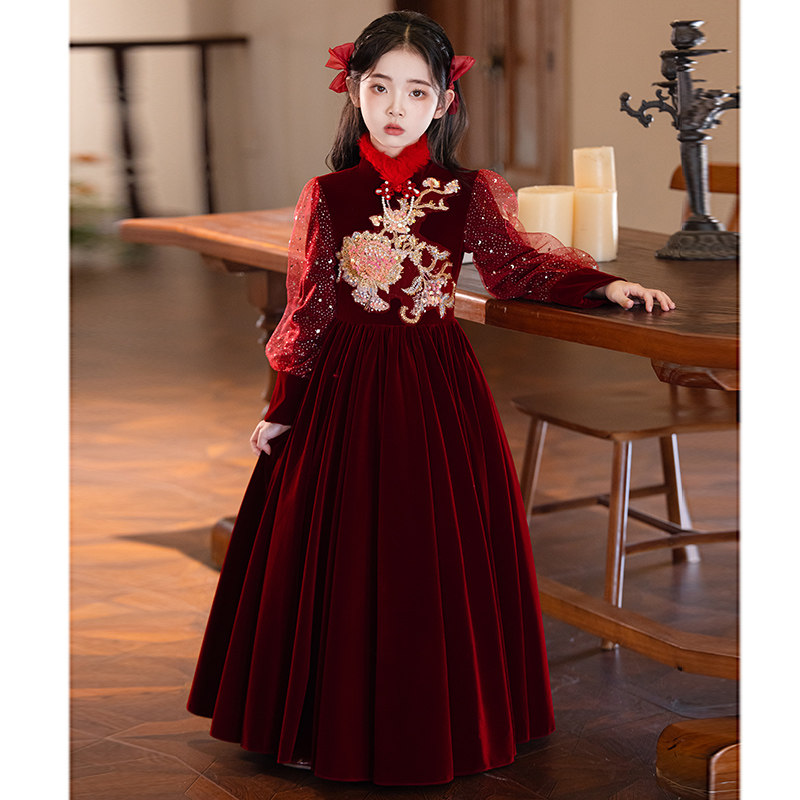 高端女童旗袍礼服裙秋冬红色丝绒厚款保暖长袖儿童公主过年拜年服,淘宝优惠券,粉丝福利购,淘宝优惠卷