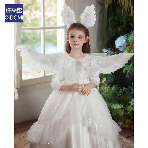 万圣节cos服装女童礼服可爱白色天使宝宝精灵角色扮演公主连衣裙 - 图0
