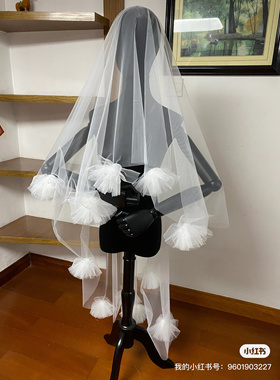 蓬蓬花朵头纱新娘主婚纱