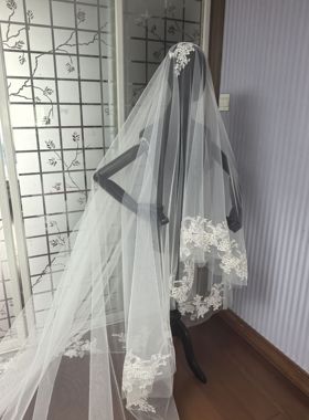 新娘结婚主婚纱头纱超仙森系珍珠花朵拍照头纱手套组合领证登记