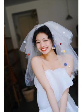 鬼马少女新款个性彩色球球蓬蓬头纱新娘求婚领证登记多巴胺小头纱