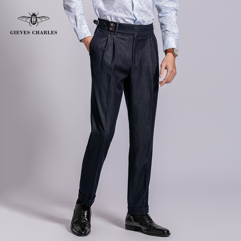 GIEVES CHARLES限量版高腰牛仔双褶西裤男士休闲修身直筒西服裤子 - 图2