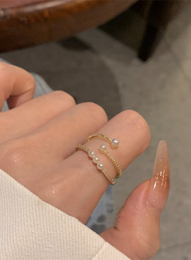 珍珠戒指女时尚个性ins小众设计轻奢简约精致两件套指环开口气质