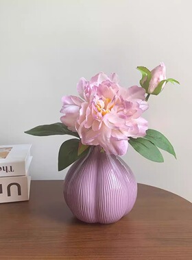 紫牡丹花仿真花客厅轻奢装饰床头柜高级感陶瓷摆件家居摆件陶瓷瓶